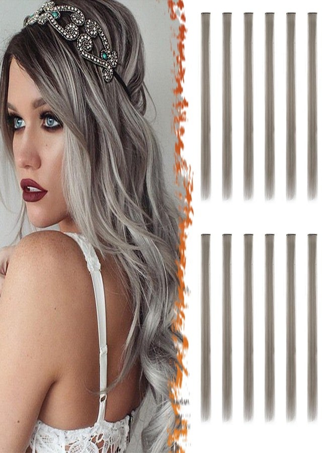 بارسدار وصلات شعر رمادية من بارسدار - 22 بوصة، 12 قطعة، وصلات شعر ملونة، وصلات شعر صناعية مستقيمة بمشابك للنساء، مناسبة لأزياء الهالوين والكريسماس - رمادي فضي - Image 1